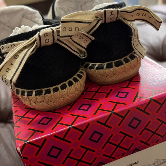Tory Burch Shoes - Tory Burch Black Canvas Espadrille Flats with Cream Logo Ribbon